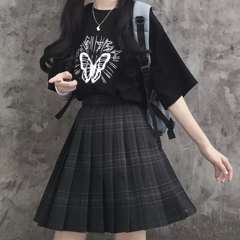Dinboa-여성용 체크 무늬 블랙 고딕 스커트, 미니 플리츠 하이 웨스트 스커트, 카와이 하라주쿠, 일본 학교 유니폼 Preppy Style